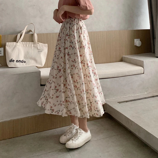 Dark Academia Floral A-Line Pleated Skirt - Elastic Waist