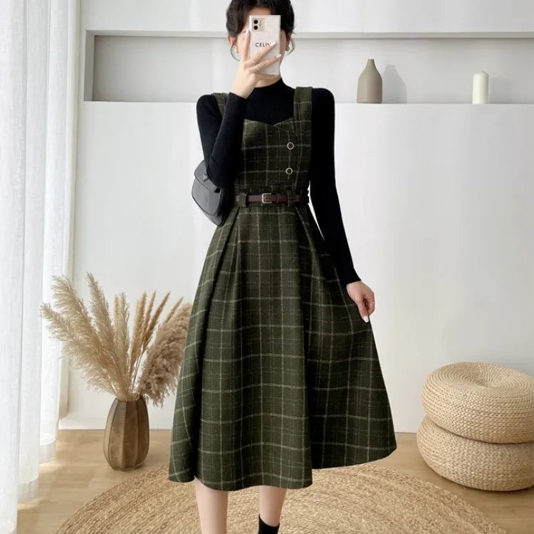 Dark Academia Two-Piece Set - Knit Sweater Plaid Dress