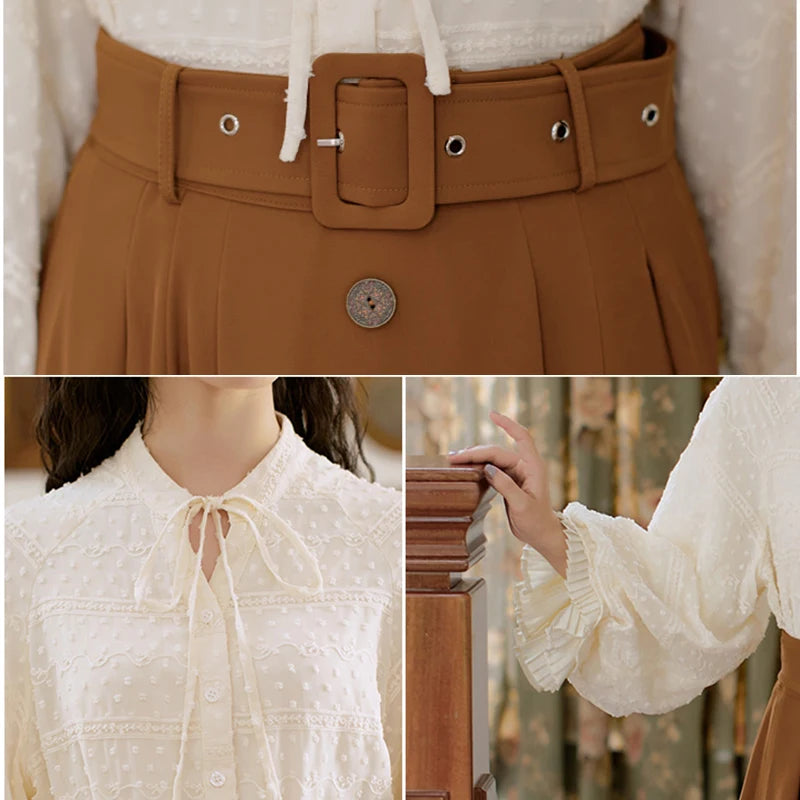 Dark Academia Pleated Maxi Skirt - High Waist with Belt