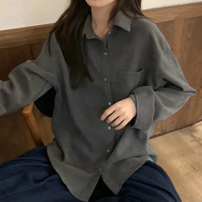 Dark Academia Solid Pocket Shirt - Loose Casual