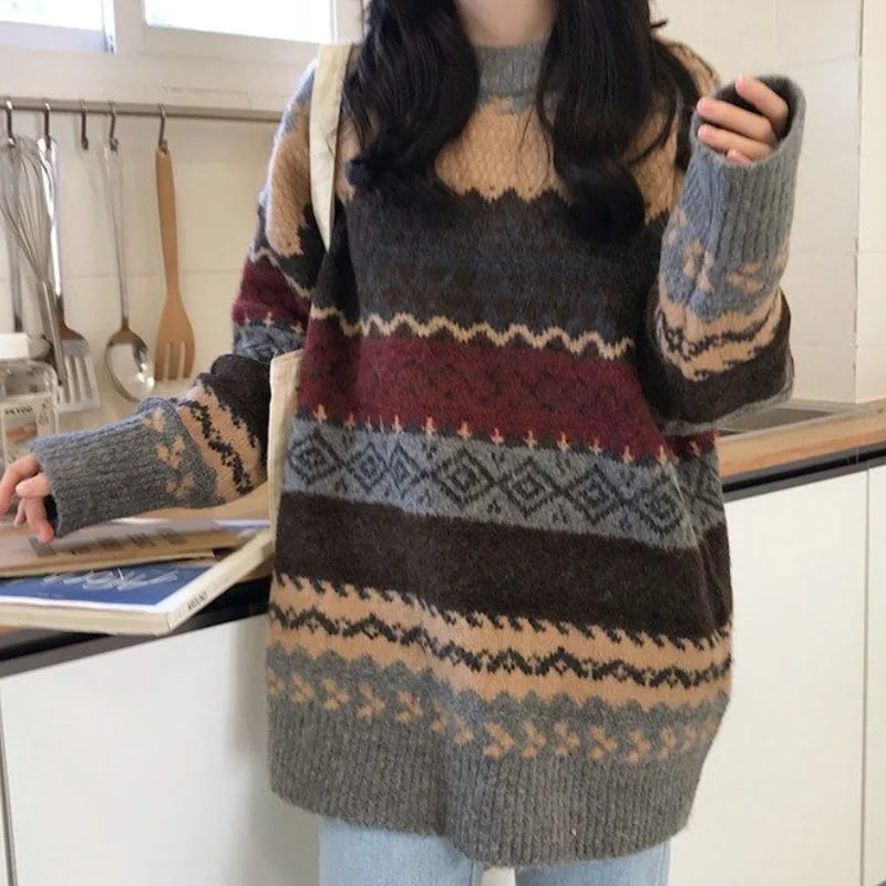 Dark Academia Vintage Striped Sweater - Loose