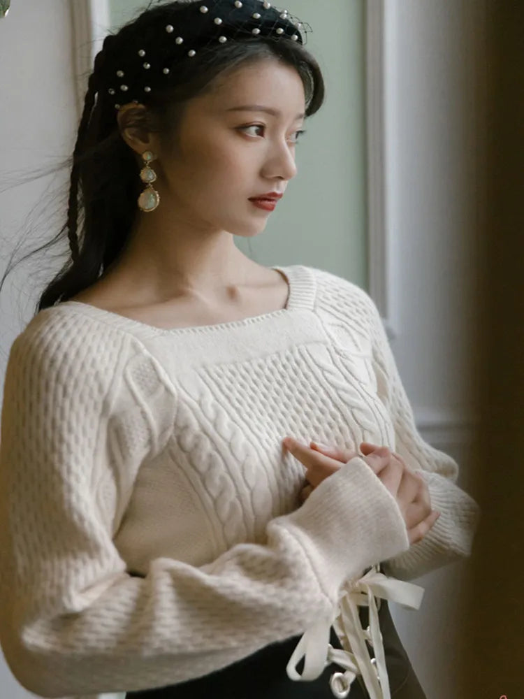 Dark Academia Two-Piece Winter Set - White Sweater Black