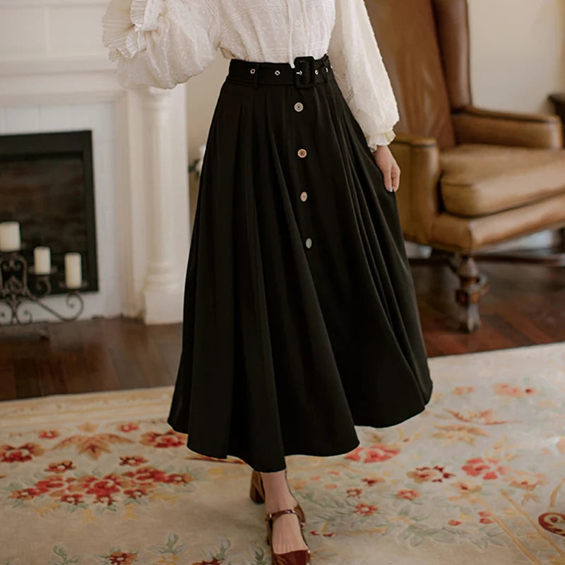 Dark Academia Pleated Maxi Skirt - High Waist with Belt