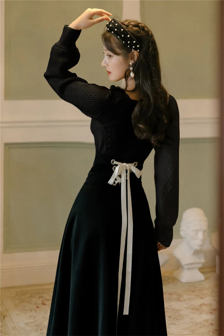 Dark Academia Two-Piece Winter Set - White Sweater Black