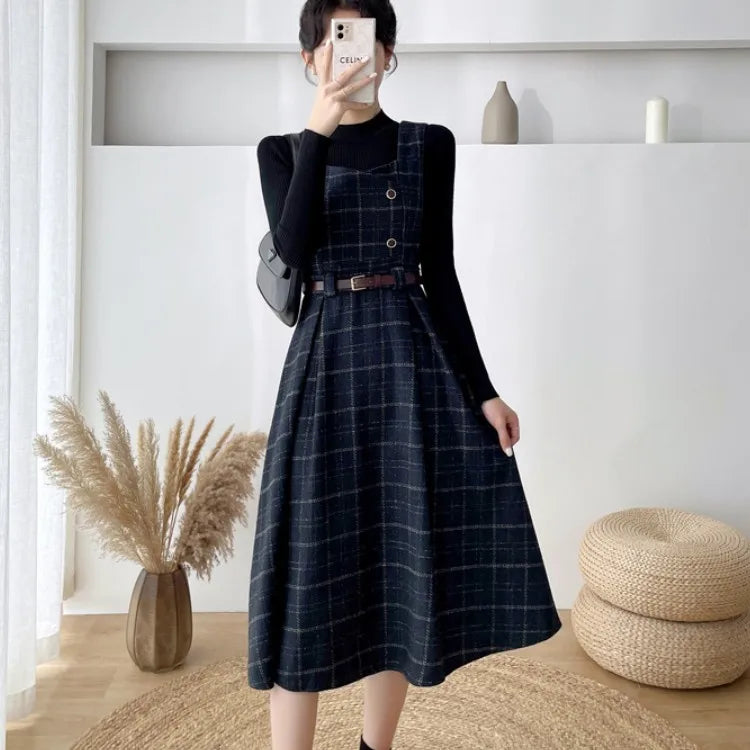 Dark Academia Two-Piece Set - Knit Sweater Plaid Dress