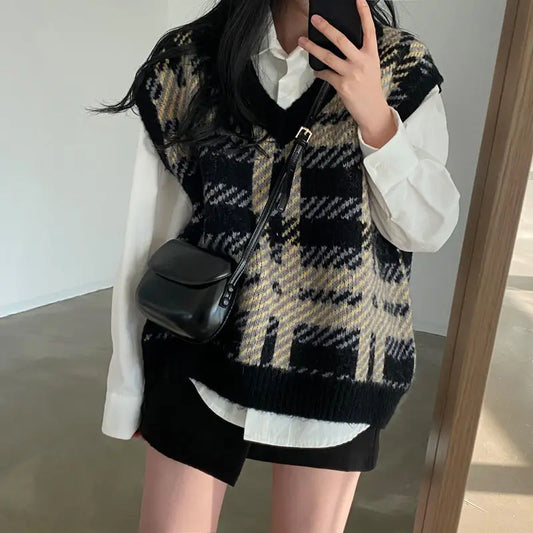 Dark Academia Plaid Sweater Vest - Soft Warm