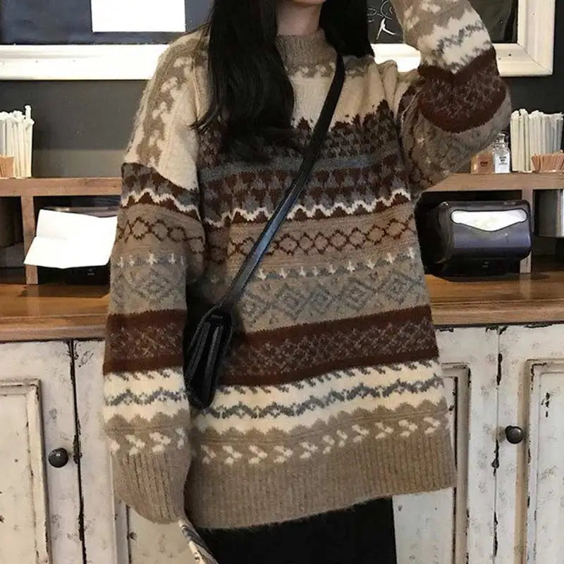 Dark Academia Vintage Striped Sweater - Loose