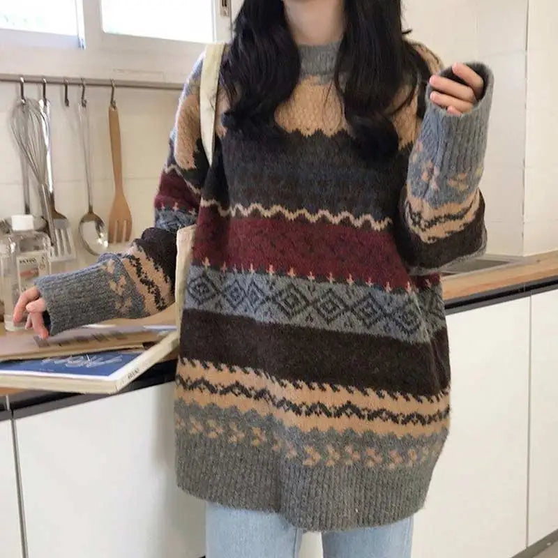 Dark Academia Vintage Striped Sweater - Loose