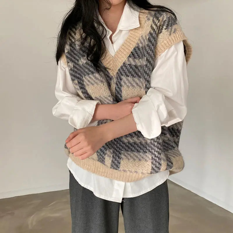 Dark Academia Plaid Sweater Vest - Soft Warm