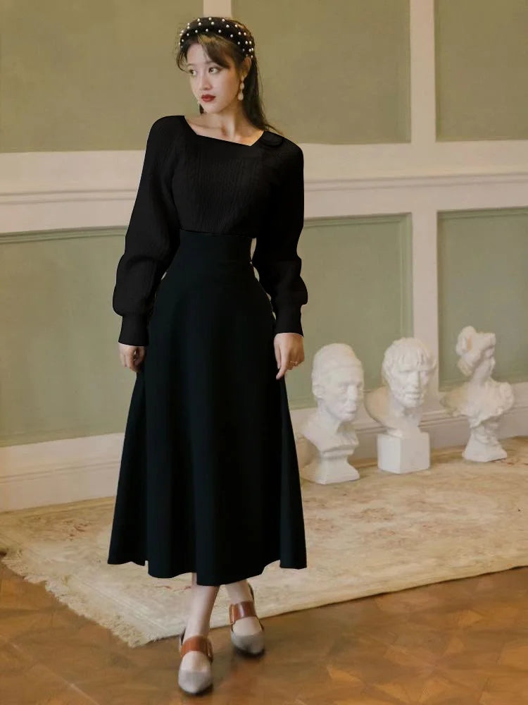 Dark Academia Two-Piece Winter Set - White Sweater Black