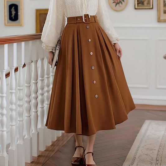Dark Academia Pleated Maxi Skirt - High Waist with Belt
