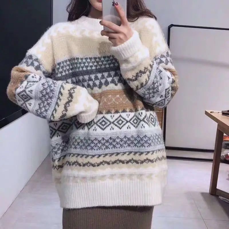 Dark Academia Vintage Striped Sweater - Loose