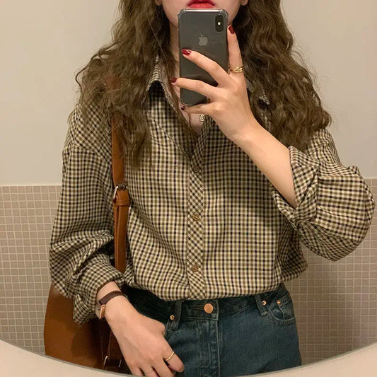 Dark Academia Plaid Shirt - Retro Button Blouse