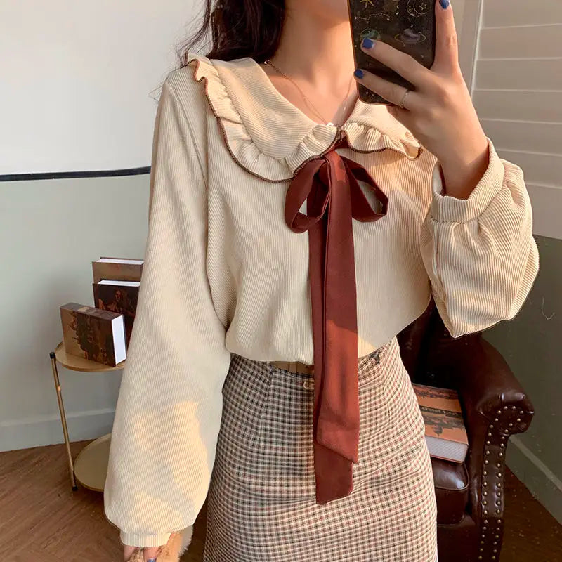 Dark Academia Bow Peter Pan Blouse - Elegant Style