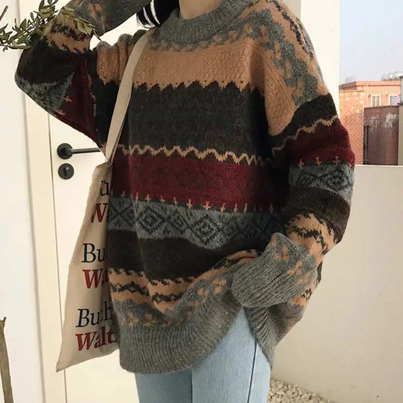 Dark Academia Vintage Striped Sweater - Loose