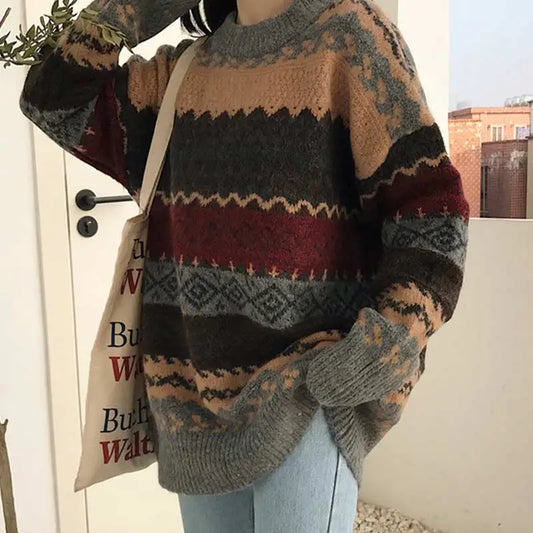 Dark Academia Vintage Striped Sweater - Loose