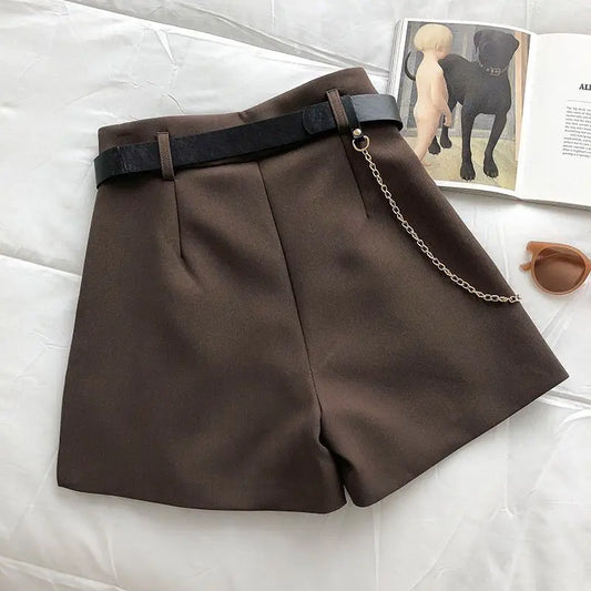Dark Academia Woolen Shorts - Belt A-Line Slim