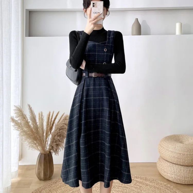 Dark Academia Two-Piece Set - Knit Sweater Plaid Dress