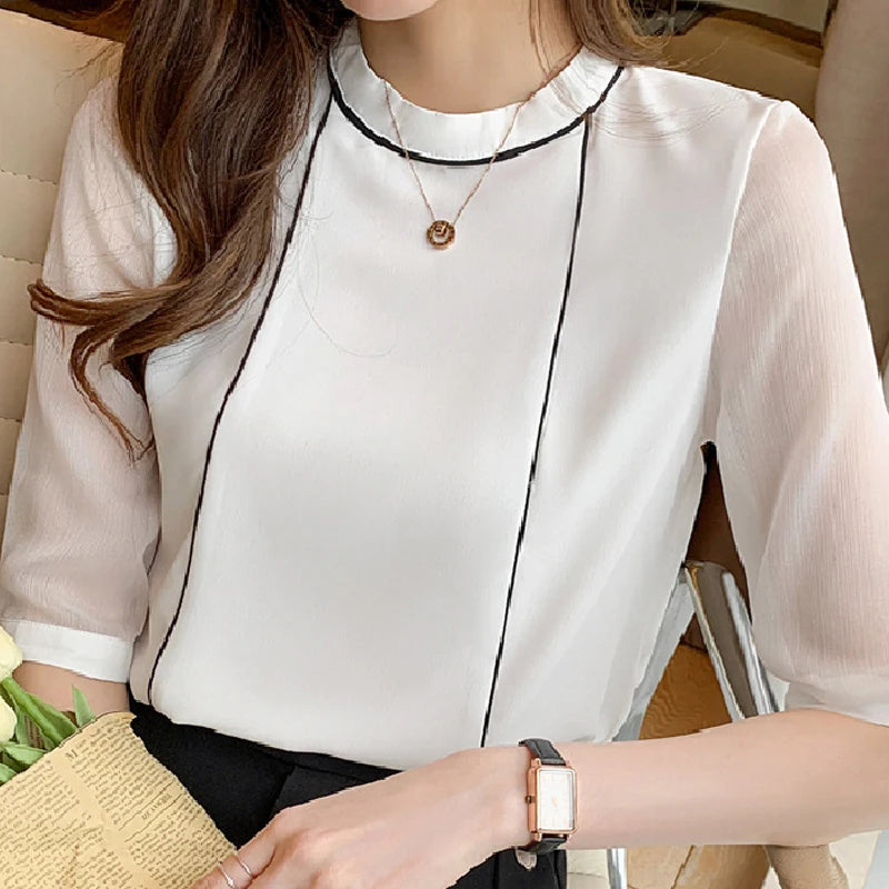 Dark Academia Blue Chiffon Blouse - O-Neck