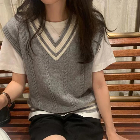 Dark Academia Patchwork Vest - V-Neck Rib Preppy