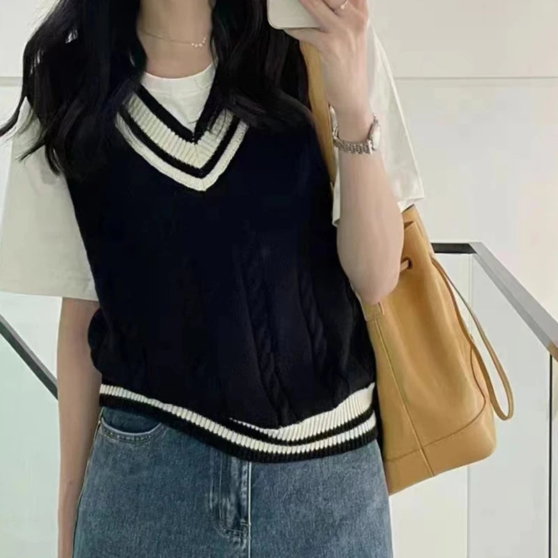 Dark Academia Patchwork Vest - V-Neck Rib Preppy