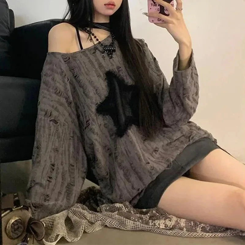 Dark Academia Y2K Star Print Sweater - Off Shoulder