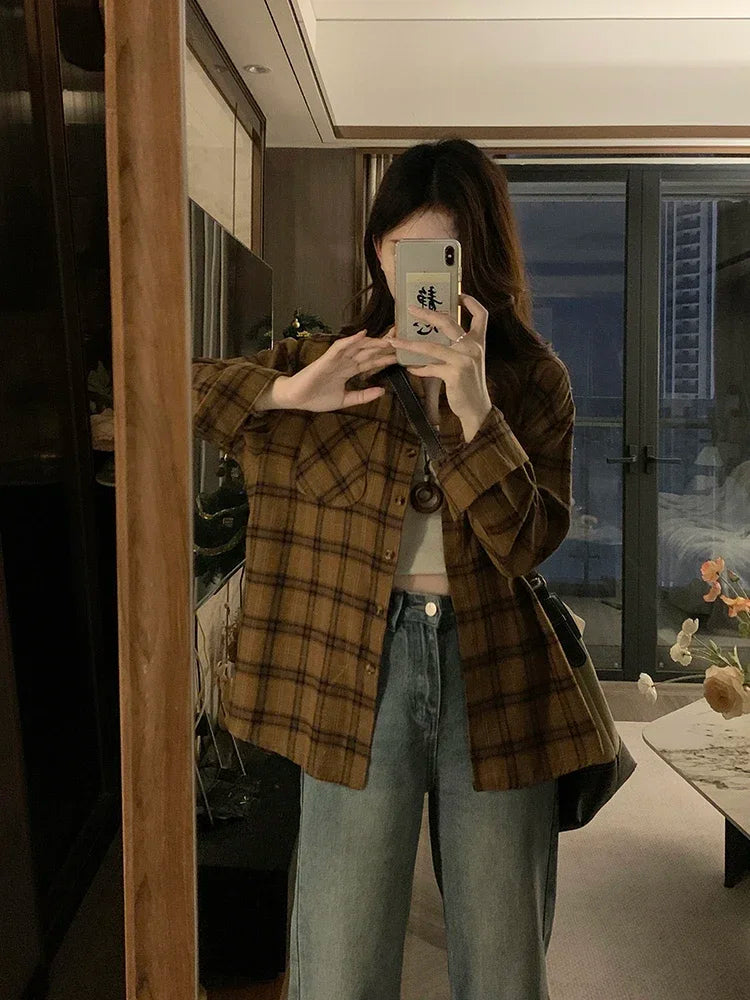 Dark Academia Plaid Shirt - Vintage Long Sleeve