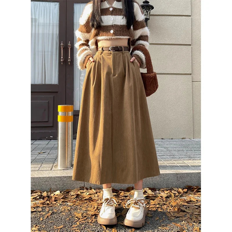 Dark Academia Corduroy Midi Skirt - High Waist Belt Style