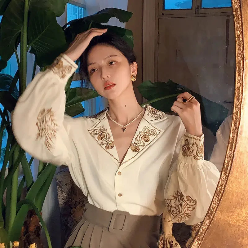 Dark Academia Lantern Sleeve - French Retro Blouse