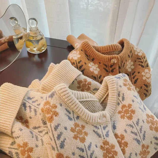 Dark Academia Floral O-Neck Cardigan - Sweet Retro