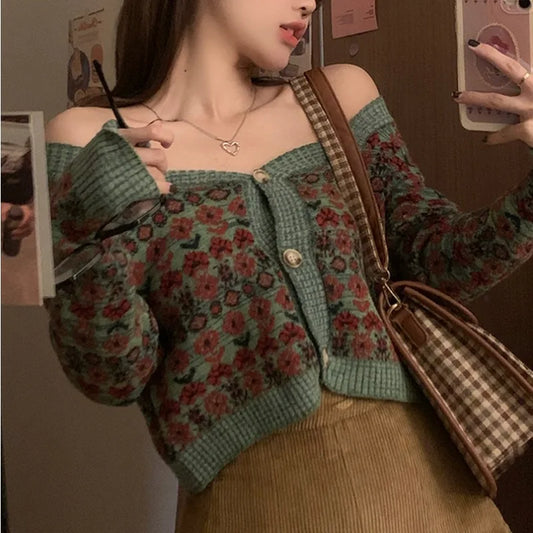 Dark Academia Floral Cropped Cardigan