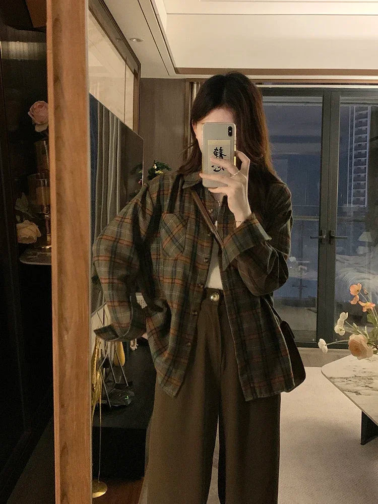 Dark Academia Plaid Shirt - Vintage Long Sleeve