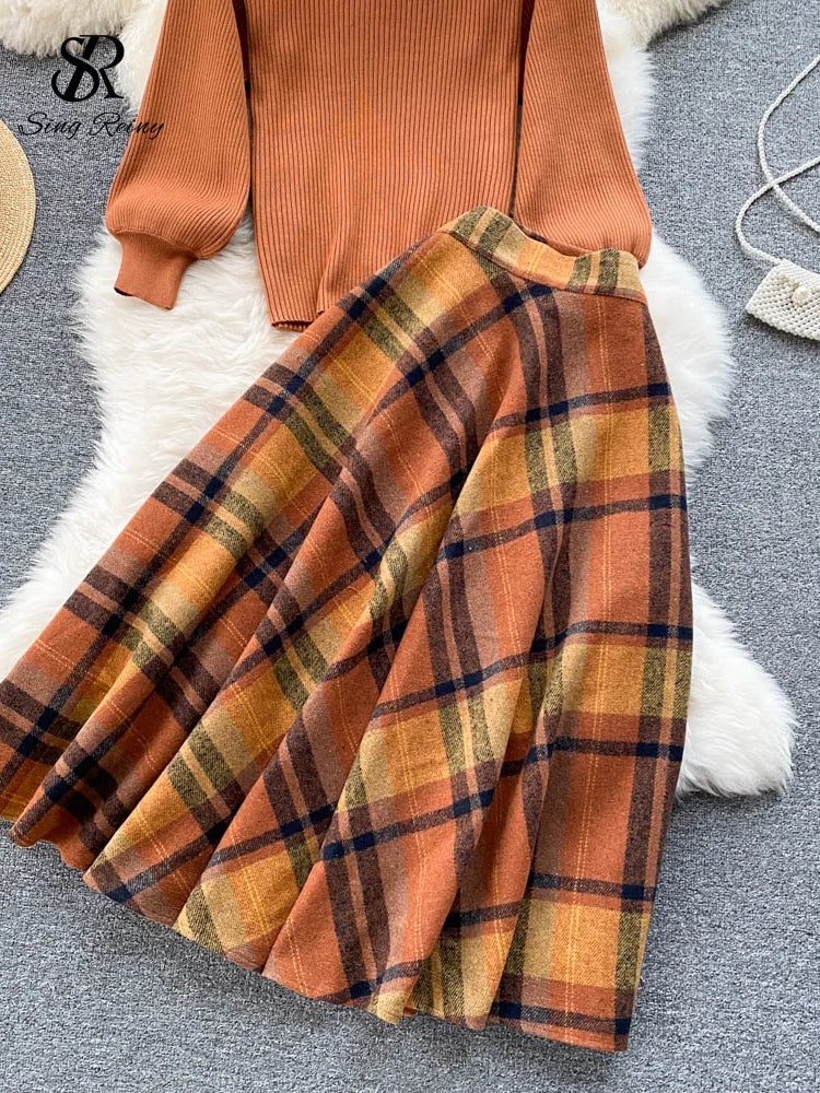 Dark Academia Retro Sweater Set - Knit Top Long Skirt
