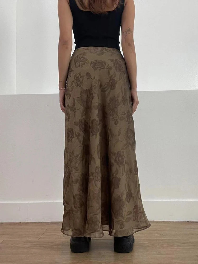Dark Academia Vintage Floral Long Skirt - Mesh Aesthetic