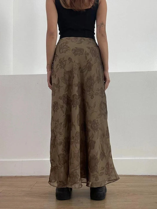 Dark Academia Vintage Floral Long Skirt - Mesh Aesthetic