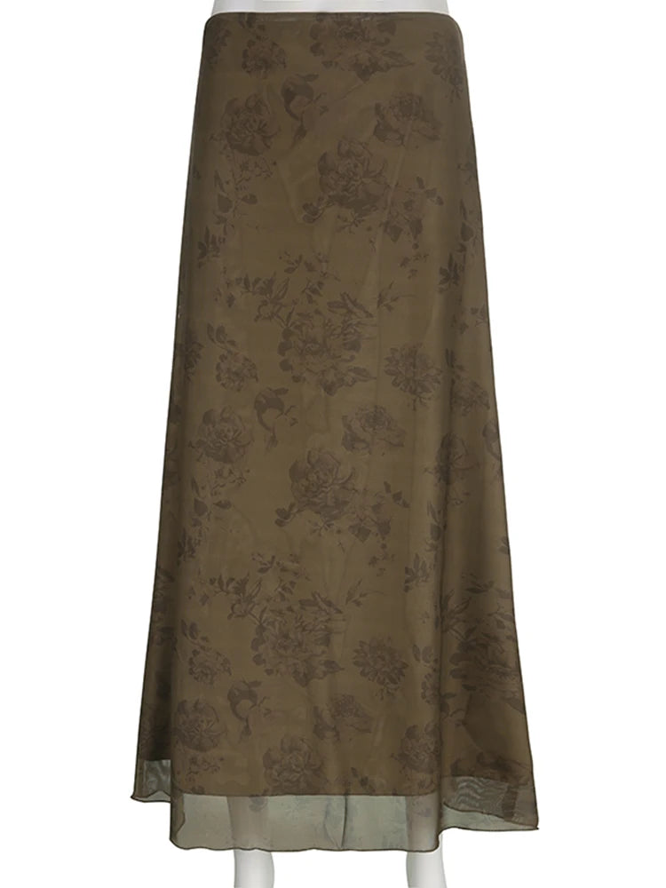 Dark Academia Vintage Floral Long Skirt - Mesh Aesthetic
