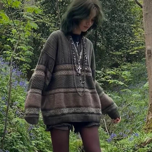 Dark Academia Graphic Striped Sweater - Y2K Grunge
