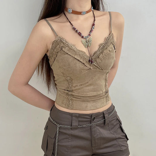 Dark Academia V-Neck Suede Top - Frill Lace Trim