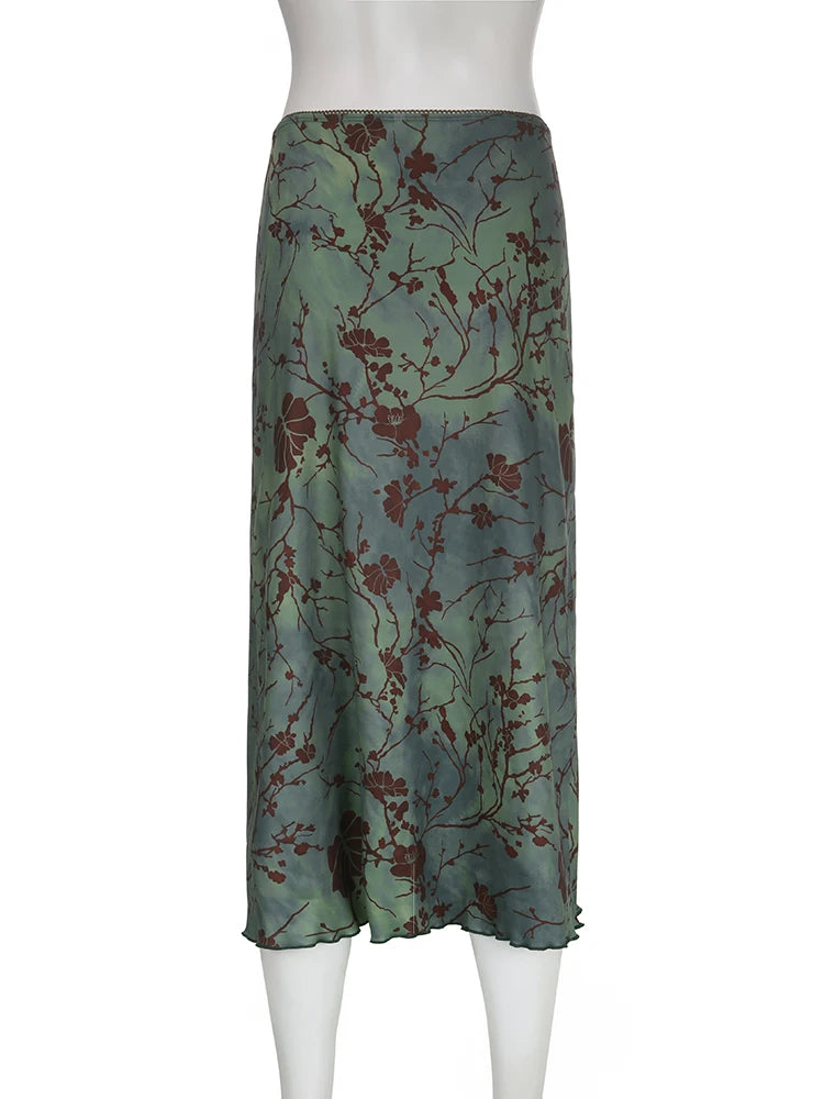 Dark Academia Green Floral Skirt - Vintage Mid-Calf Style