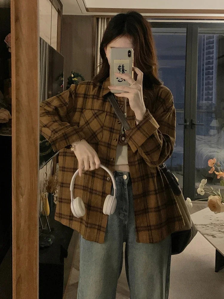 Dark Academia Plaid Shirt - Vintage Long Sleeve