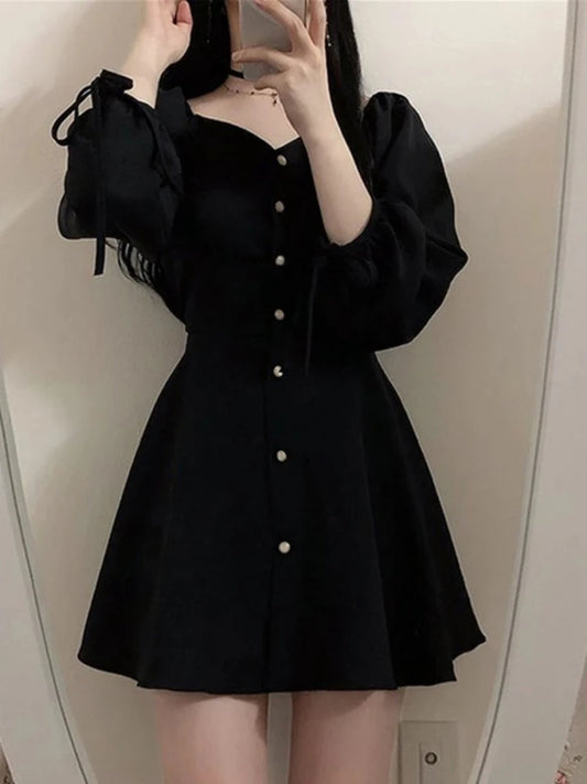 Dark Academia A-Line Mini Dress - Button Vintage