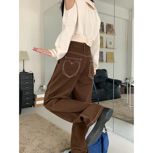 Dark Academia Brown Denim Jeans - High Waist Vintage Style