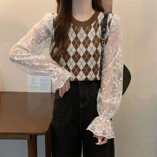 Dark Academia Diamond Grid Vest - Two-Piece Style