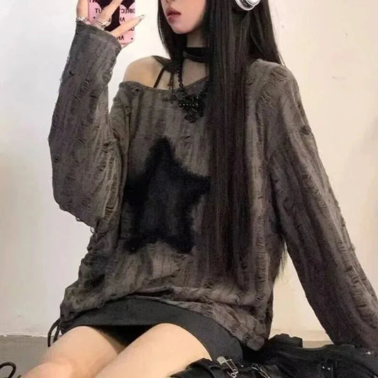 Dark Academia Y2K Star Print Sweater - Off Shoulder