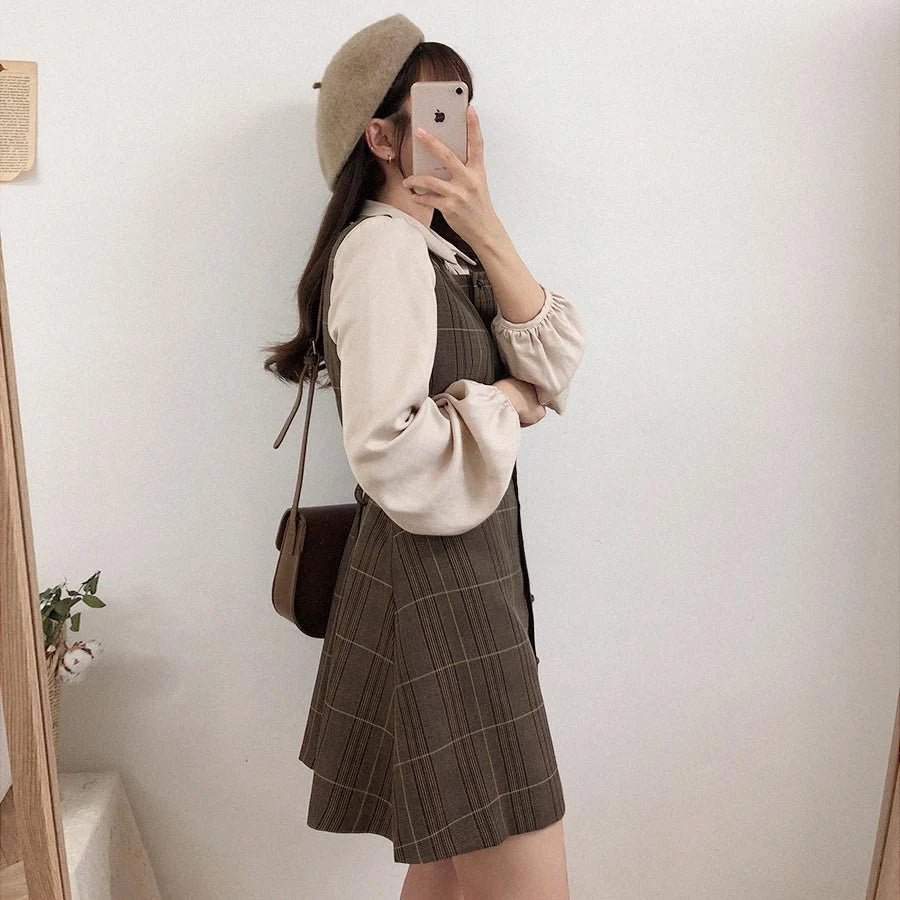 Dark Academia Preppy Plaid Shirt Dress - A-Line Spring