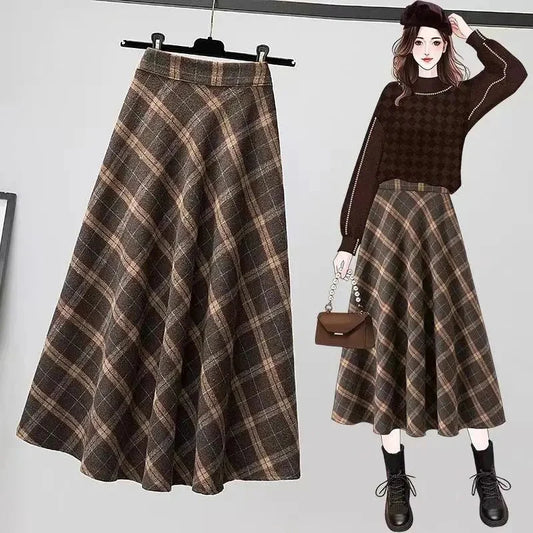 Dark Academia Plaid Woolen Skirt - High Waist A-Line Pleated