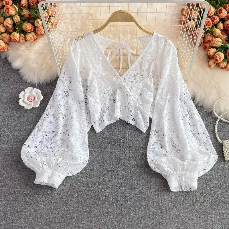 Dark Academia Lace Hollow Blouse - V-Neck Puff