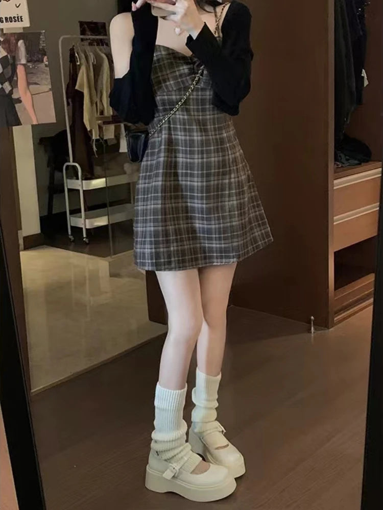 Dark Academia Plaid Dress - Preppy Cardigan