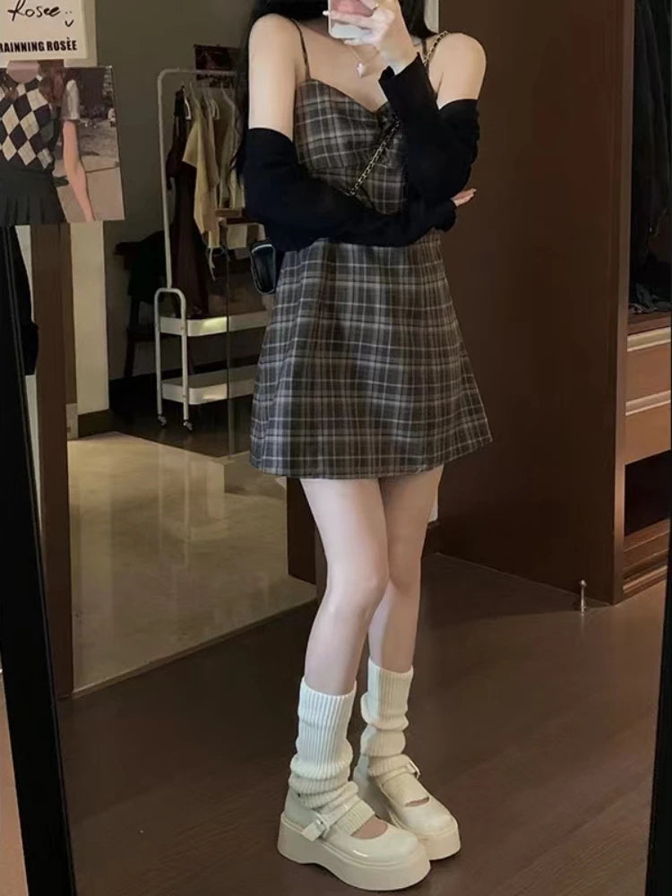 Dark Academia Plaid Dress - Preppy Cardigan