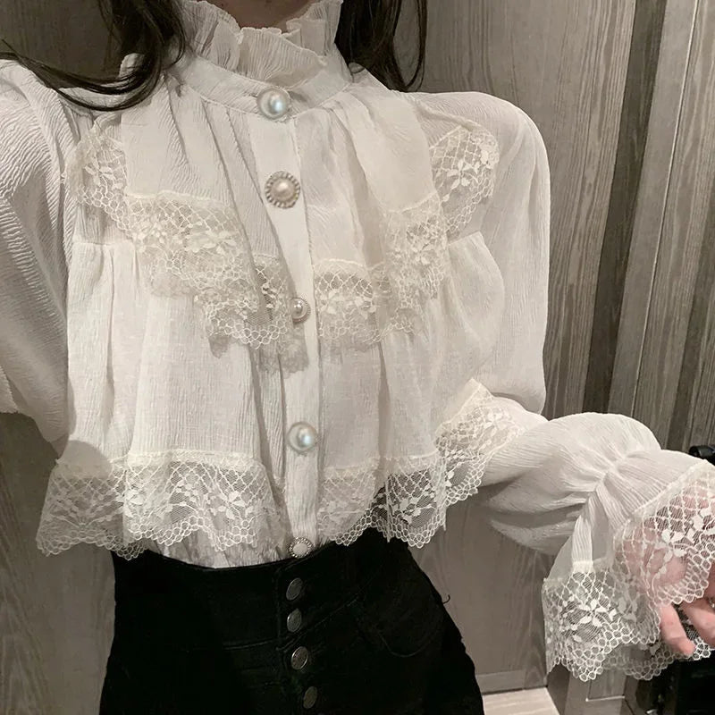 Dark Academia Trendy Chiffon Blouse - Lace Vintage